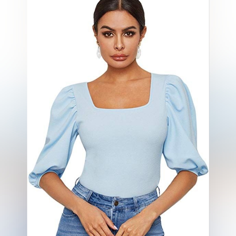 Romwe Women's Casual Puff Sleeve Square Neck Slim Fit top